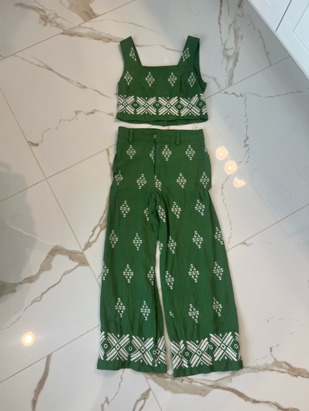 Haute Hippie Green Embroidered Crop Top & Wide-Leg Pants Set